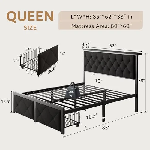 Queen Bed Frame with 2 Storage Drawers view 7