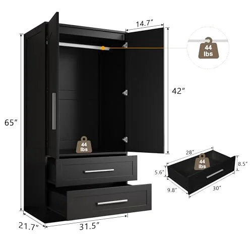 Wooden Armoire Wardrobe Closet with 2 Drawers view 2