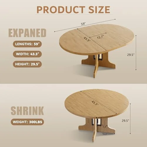 59" Round Extendable Dining Table for 4-6 view 2