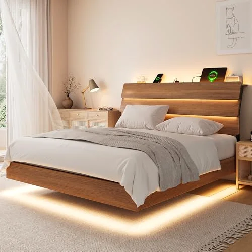Floating Queen Metal Bed Frame with LED Lights & Charging Station view 6