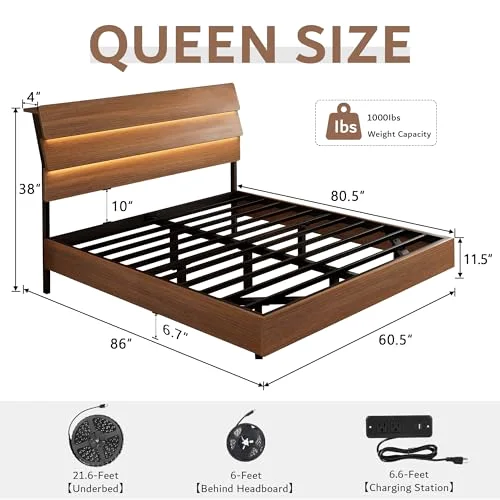 Floating Queen Metal Bed Frame with LED Lights & Charging Station view 7