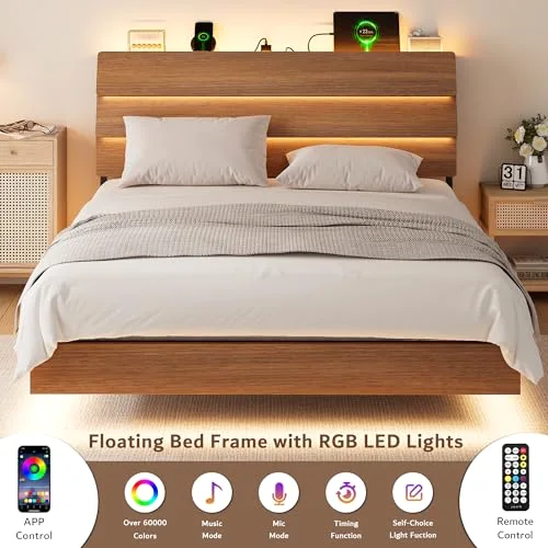 Floating Queen Metal Bed Frame with LED Lights & Charging Station view 8