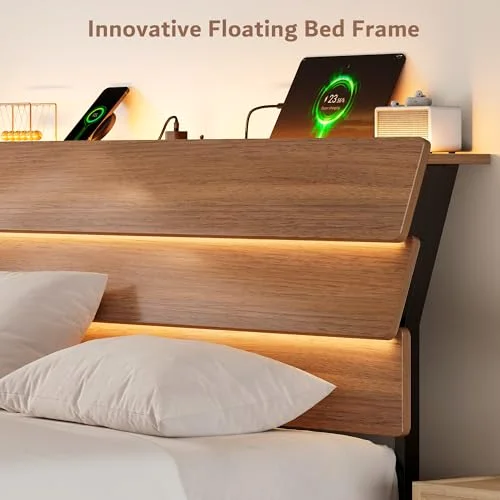 Floating Queen Metal Bed Frame with LED Lights & Charging Station view 9