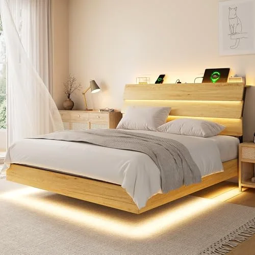 Floating Queen Metal Bed Frame with LED Lights & Charging Station