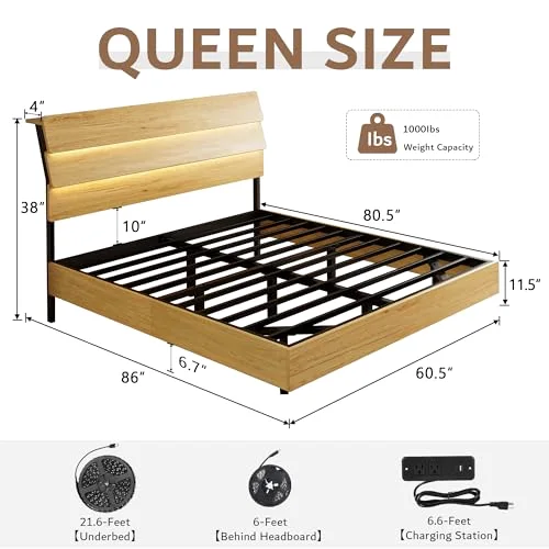 Floating Queen Metal Bed Frame with LED Lights & Charging Station view 2