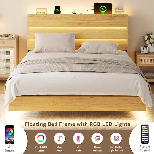 Floating Queen Metal Bed Frame with LED Lights & Charging Station view 3