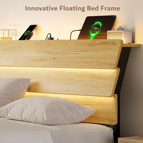 Floating Queen Metal Bed Frame with LED Lights & Charging Station view 4