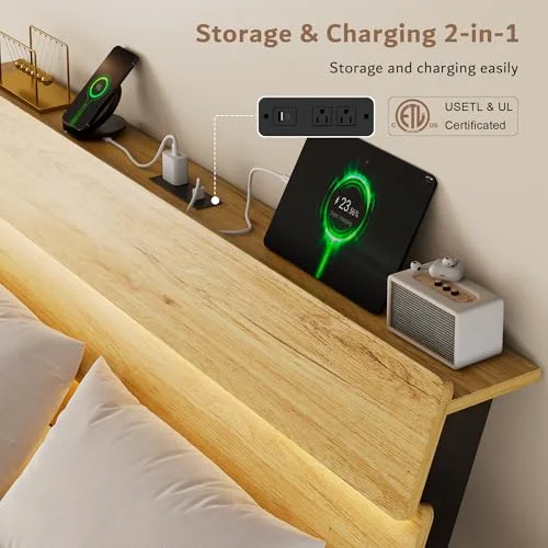 Floating Queen Metal Bed Frame with LED Lights & Charging Station view 5