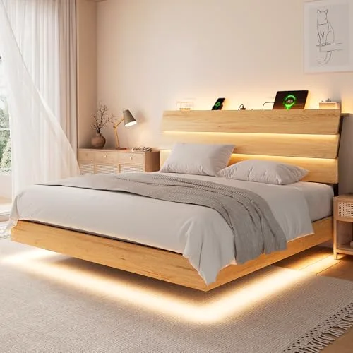 Floating King Size Metal Bed Frame with LED Lights & Charging Station