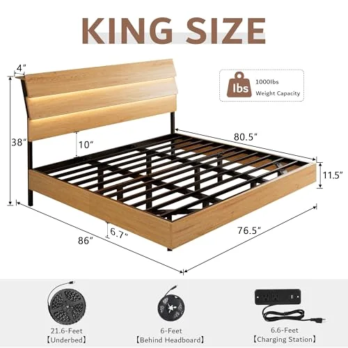 Floating King Size Metal Bed Frame with LED Lights & Charging Station view 2