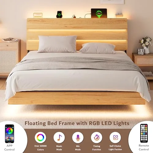 Floating King Size Metal Bed Frame with LED Lights & Charging Station view 3