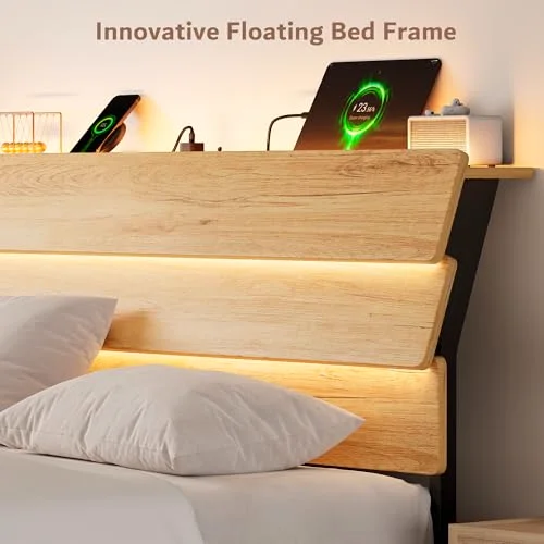 Floating King Size Metal Bed Frame with LED Lights & Charging Station view 4