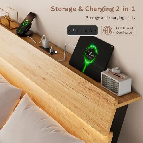 Floating King Size Metal Bed Frame with LED Lights & Charging Station view 5