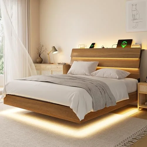 Floating Full Size Metal Bed Frame with LED Lights & Charging Station