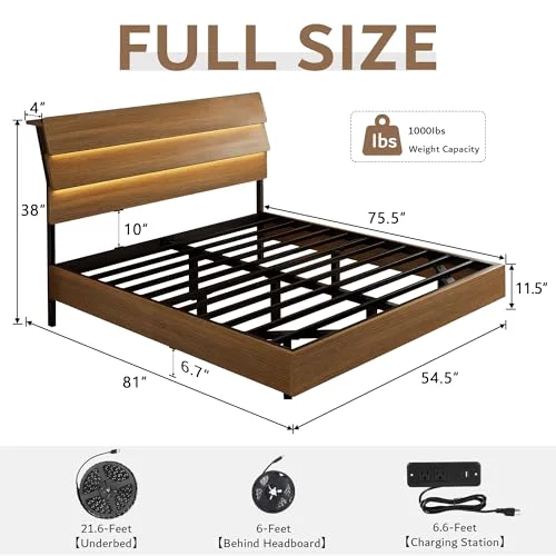 Floating Full Size Metal Bed Frame with LED Lights & Charging Station view 2