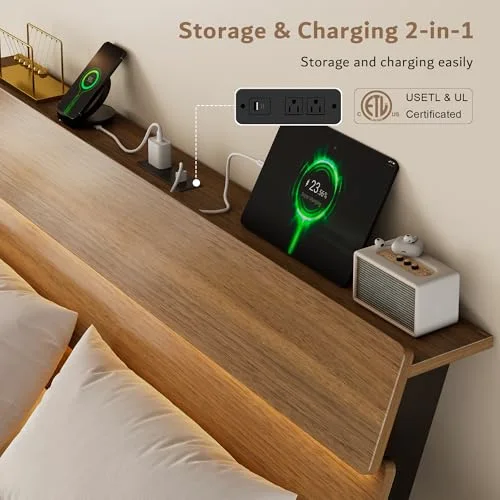Floating Full Size Metal Bed Frame with LED Lights & Charging Station view 5