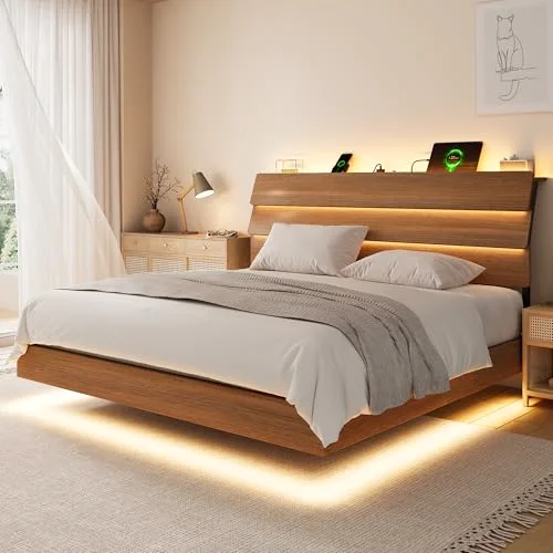 Floating King Size Metal Bed Frame with LED Lights & Charging Station view 6