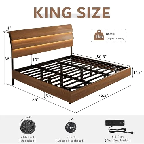 Floating King Size Metal Bed Frame with LED Lights & Charging Station view 7