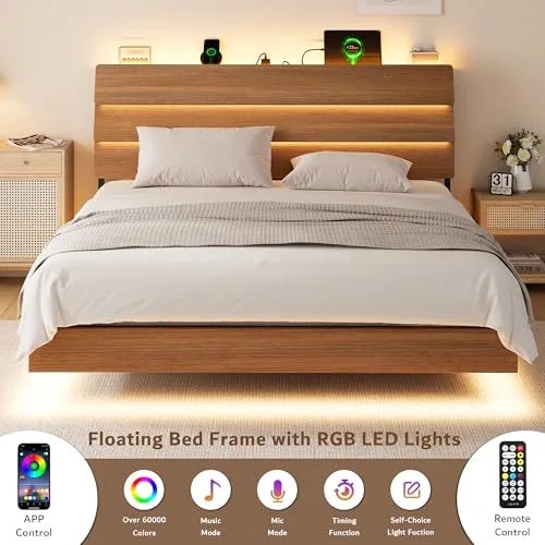 Floating King Size Metal Bed Frame with LED Lights & Charging Station view 8