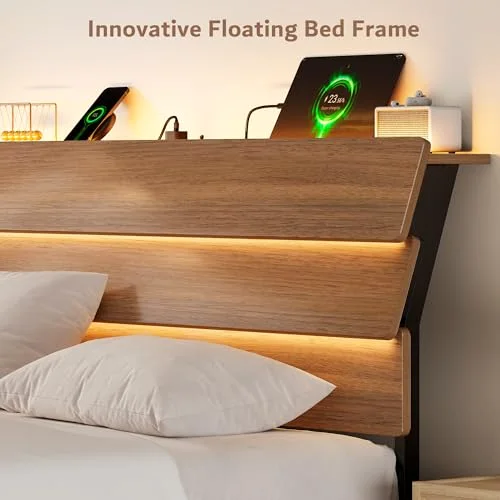 Floating King Size Metal Bed Frame with LED Lights & Charging Station view 9