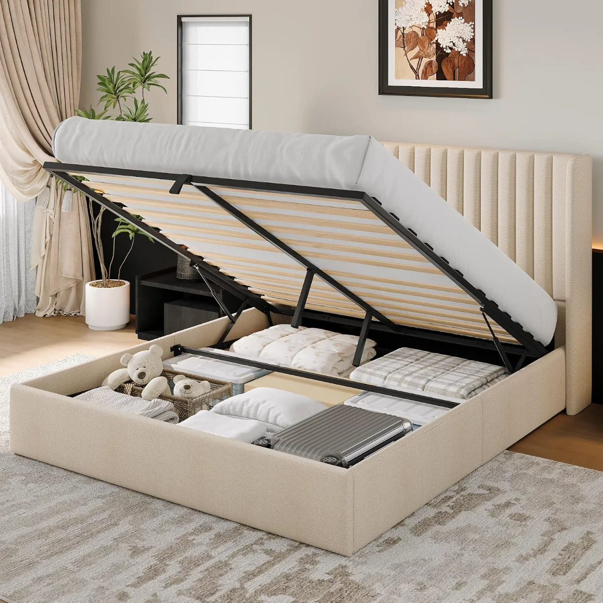 Queen Size Lift up Storage Bed Frame with Wingback Headboard
