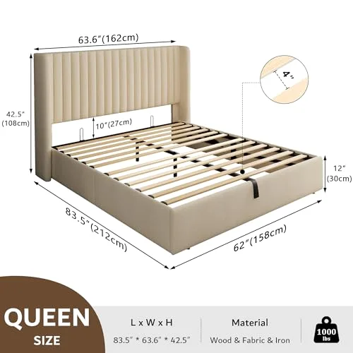 Queen Size Lift up Storage Bed Frame with Wingback Headboard view 2