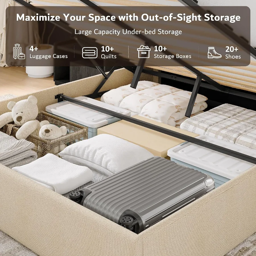 Queen Size Lift up Storage Bed Frame with Wingback Headboard view 3