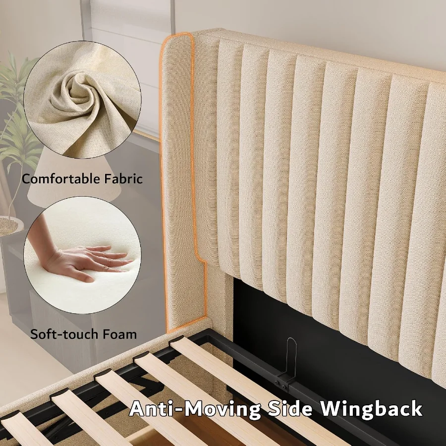 Queen Size Lift up Storage Bed Frame with Wingback Headboard view 5