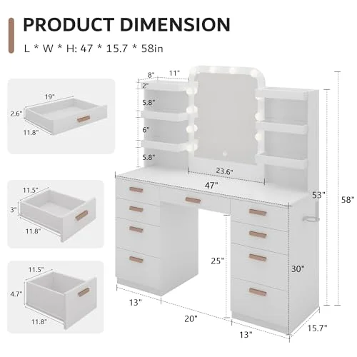 White Makeup Vanity Desk with Mirror and Lights view 2