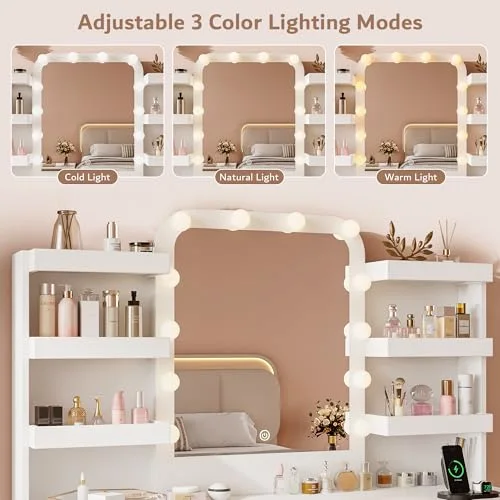 White Makeup Vanity Desk with Mirror and Lights view 3