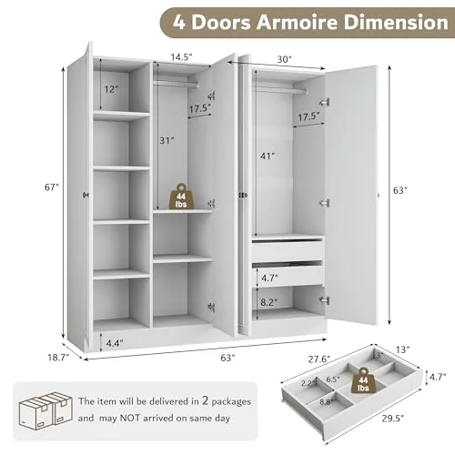 4 Doors Armoire Wardrobe Closet with 2 Drawers view 7
