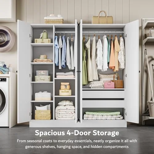 4 Doors Armoire Wardrobe Closet with 2 Drawers view 8