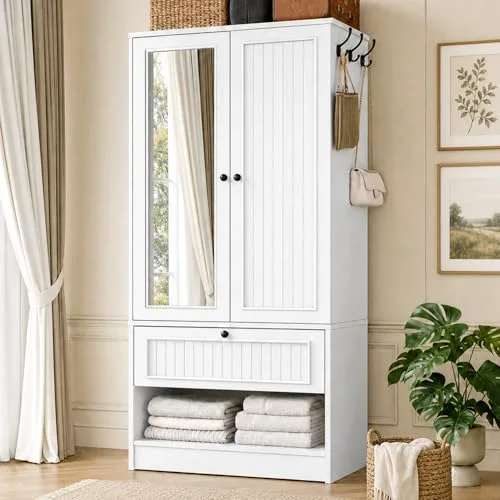 Wood Armoire Wardrobe Closet with Mirror Door and Drawer