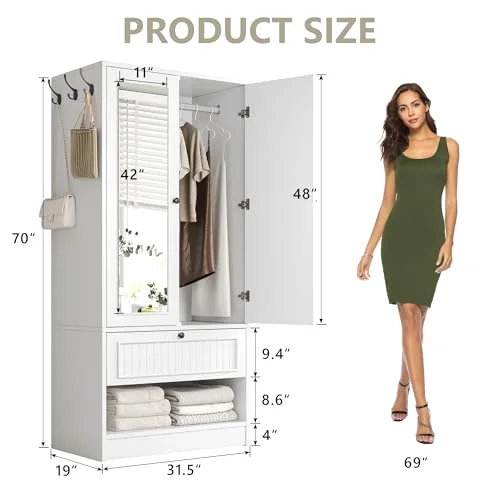 Wood Armoire Wardrobe Closet with Mirror Door and Drawer view 2