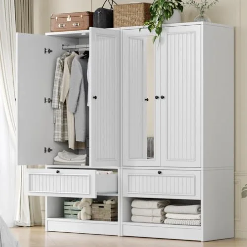 Wood Armoire Wardrobe Closet with Mirror Door and Drawer view 3