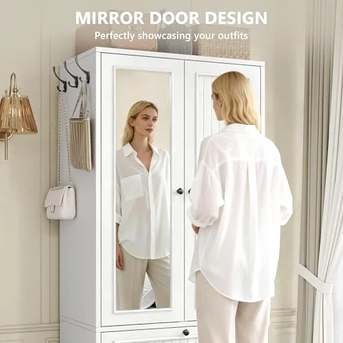 Wood Armoire Wardrobe Closet with Mirror Door and Drawer view 5