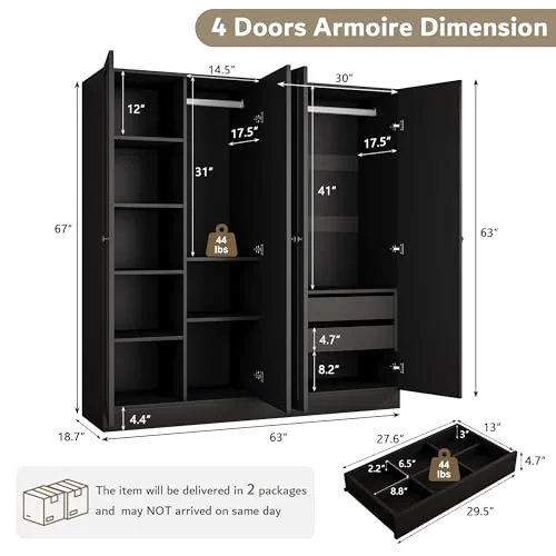 4 Doors Armoire Wardrobe Closet with 2 Drawers view 2