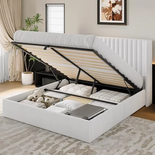 Queen Lift up Storage Bed Frame with Wingback Headboard