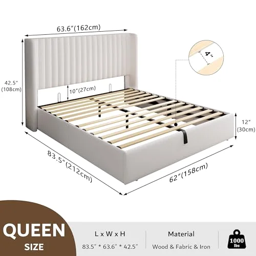 Queen Lift up Storage Bed Frame with Wingback Headboard view 2