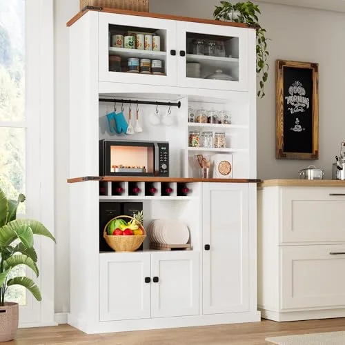 71" Tall Kitchen Pantry Storage Cabinet with Microwave Stand and Wine Rack