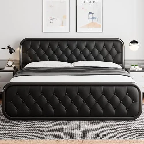King Size Metal Bed Frame with Leather Headboard