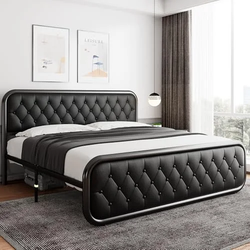 King Size Metal Bed Frame with Leather Headboard view 3