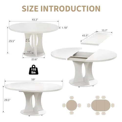 43.3-59 Inch Extendable Round Dining Table for 6-8 People view 2