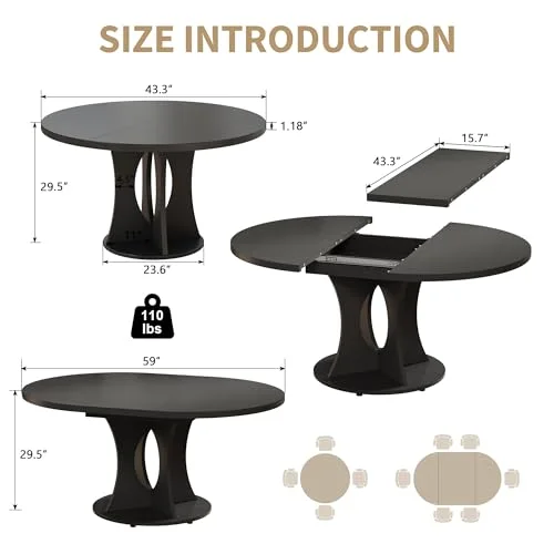 43.3-59 Inch Extendable Round Dining Table for 6-8 People view 7
