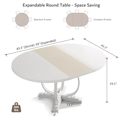 59'' Extendable Round Dining Table for 4 to 6 view 7