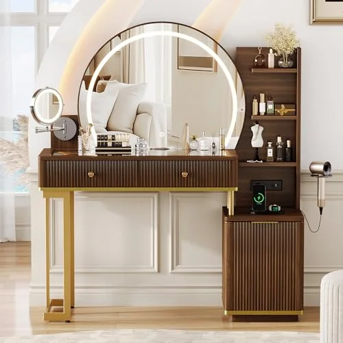 Makeup Vanity Desk with Round Mirror and Lights