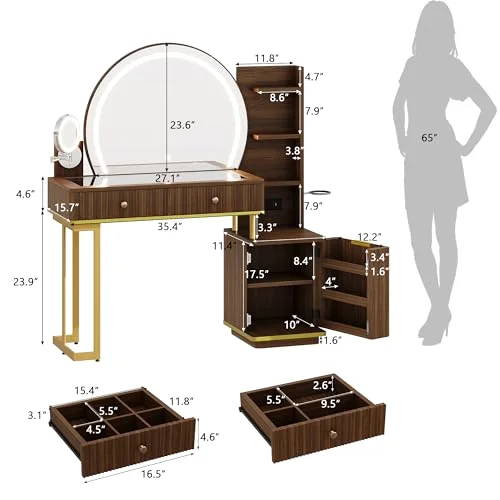 Makeup Vanity Desk with Round Mirror and Lights view 2