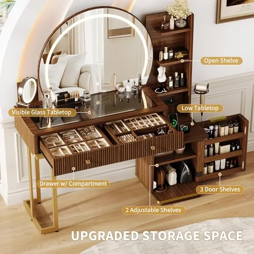 Makeup Vanity Desk with Round Mirror and Lights view 3
