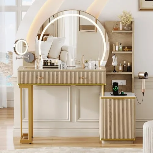 Makeup Vanity Desk with Round Mirror and Lights view 6