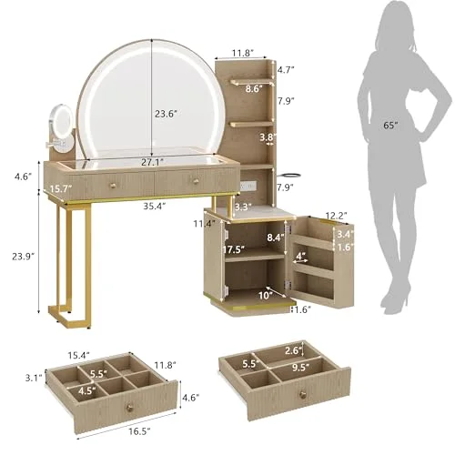 Makeup Vanity Desk with Round Mirror and Lights view 7